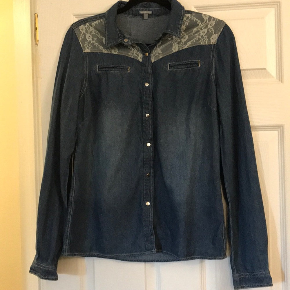 Denim Button Down with Lace Shoulders